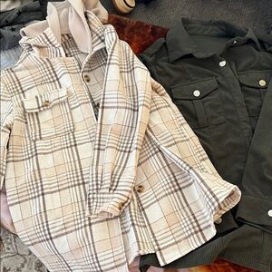 SHEIN Plaid and Corduroy Button Down Shirts - Cream and Black